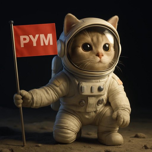 یک گربه فضانورد روی ماه، پرچم PYM در دست