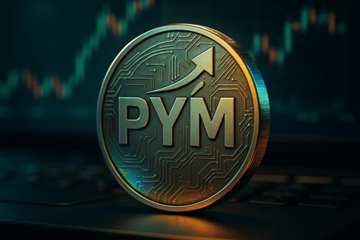 Create a highly realistic, market-friendly cryptocurrency token concept for PYM (short for Pym): a metallic 3D coin centered in the frame with bold modern engraved PYM lettering, subtle circuit-like patterns across the face, and a rising upward arrow motif integrated into the design; apply holographic sheen with rainbow iridescence concentrated along the edges. Place the coin on a futuristic trading desk with blurred candlestick charts in the background. Use cinematic rim lighting, teal-and-gold palette, shallow depth of field, 85mm lens, ultra-detailed 8k, sharp focus, high-end promotional render.