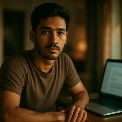 Prompt (FA):
پرتره سینمایی از یک مرد جوان با رنگ پوست گرم، در فضای داخلی خانه، نشسته کنار لپ‌تاپ، نگاه واقع‌گرایانه به دوربین، دست‌ها روی لبه میز، عمق میدان کم (bokeh)، نورپردازی ملایم گرم و نرم، جزئیات دقیق صورت (پوست طبیعی، ریزبافت‌ها و خطوط بسیار ظریف)، چشم‌ها شارپ، تعادل رنگ‌ها و کنتراست طبیعی، اصلاح خطوط و بافت‌ها بدون تغییر هویت، پس‌زمینه کمی محو اما قابل تشخیص، لپ‌تاپ با صفحه نمایش واقعی و خوانا (اما بدون متن واضح)، رعایت پرسپکتیو صحیح و آناتومی درست دست و صورت، سبک واقع‌گرایانه، کیفیت بالا، وضوح 4K، HDR ملایم، grain سینمایی کم، بدون نویز اضافه، بدون تاری شدید، بدون تغییر لباس و رنگ لباس، بدون اعوجاج چهره.

Negative Prompt (FA):
چهره تغییر نکند، دفرم نشود، دست‌ها اضافی/نامتناسب/کج نشوند، چشم‌ها ناهماهنگ نشوند، متن/لوگو تولید نشود، کارتونی نشود، رنگ‌های غیرطبیعی و اشباع زیاد نشود، blur شدید، نویز زیاد، artifacts، واترمارک، نویز دیجیتال، over-sharpening
