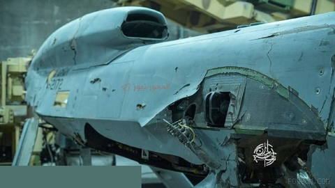 Images of drone parts and American and Israeli fighter jets displayed by the IRGC