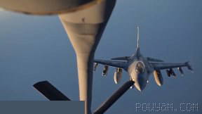 A U.S. Air Force KC-135 Stratotanker tanker aircraft is flying over the Middle East, providing fuel to fighters…