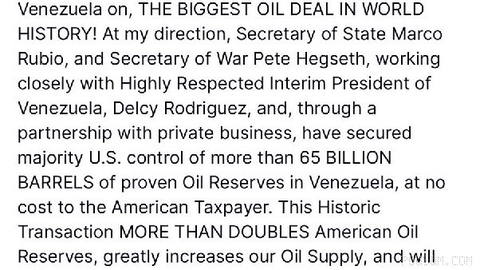 Trump: Breaking News: The United States has signed a contract with Venezuela that grants the country control over much of the confirmed oil reserves,…