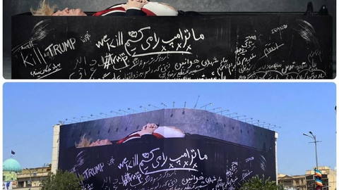 Banner installed in Revolution Square with the slogan “We kill Trump”