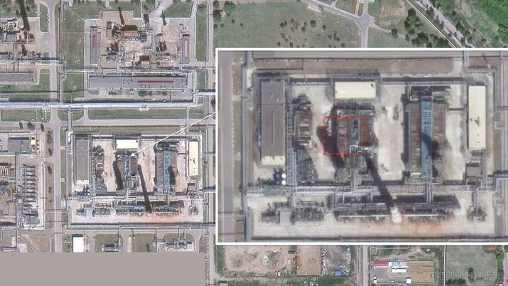 Satellite image of the Saratov refinery in Russia, whose main gasoline production unit has been almost destroyed