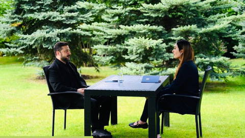 Laura Loomer, an influencer and media activist of the MAGA movement, interviews Volodymyr Zelensky at Ukraine’s Mariinskyi Palace