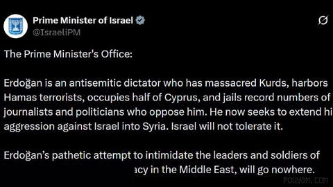 Israeli prime minister: Erdoğan is a Jewish-hating dictator who massacred the Kurds, supports Hamas terrorists, occupies half of Cyprus, and throws an unprecedented number of journalists and politicians who oppose him into prison, half of…