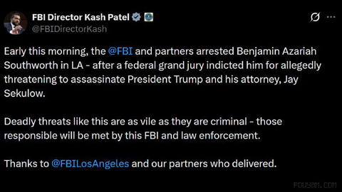 〰 מנהל ה-FBI, קאש פאטל, אמר שמאבטחים פדרליים ושותפי אכיפה עצרו את בנג’מין אזריה סאות’וורת בתחילת יום רביעי בלוס אנג’לס…